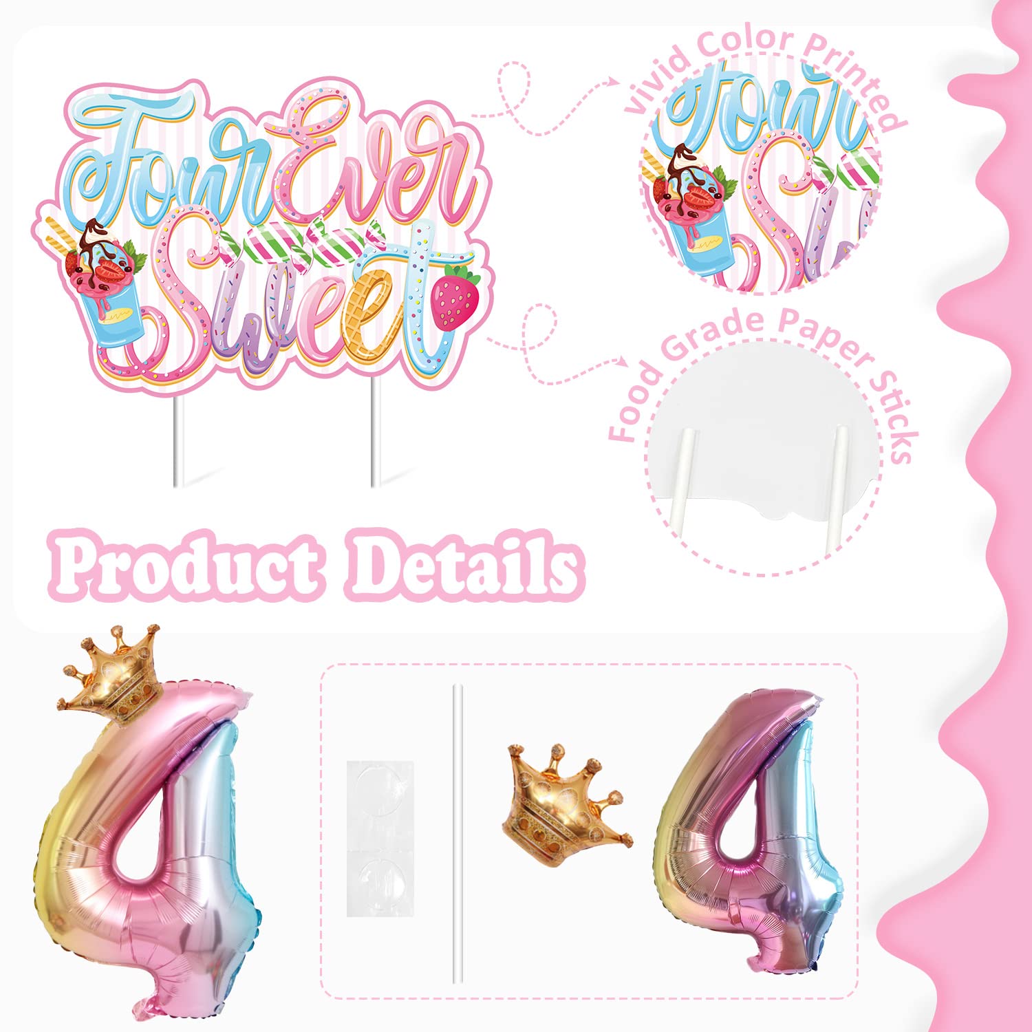 JUYRLE Four Ever Sweet Birthday Decorations Girl, 4th Birthday Decorations Include Ice Cream Donut Banner Cake Toppers Hanging Swirls Latex Foil Balloons, 4 Year Old Birthday Decorations