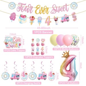 JUYRLE Four Ever Sweet Birthday Decorations Girl, 4th Birthday Decorations Include Ice Cream Donut Banner Cake Toppers Hanging Swirls Latex Foil Balloons, 4 Year Old Birthday Decorations