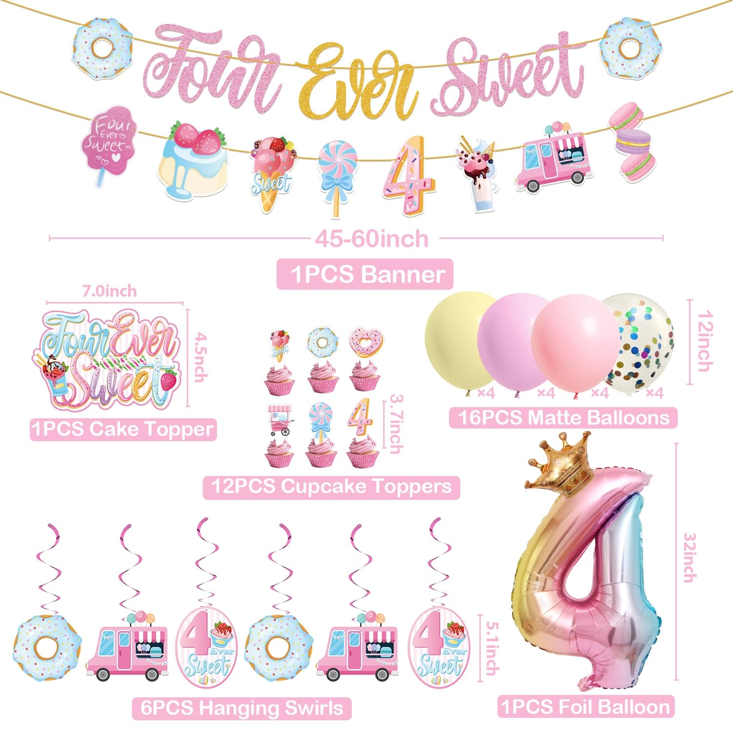 JUYRLE Four Ever Sweet Birthday Decorations Girl, 4th Birthday Decorations Include Ice Cream Donut Banner Cake Toppers Hanging Swirls Latex Foil Balloons, 4 Year Old Birthday Decorations