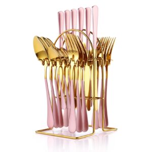 24 pieces flatware set, caliamary stainless steel flatware set with silverware holder spoons forks knives,utensils set service for 6,gold mirror polished and matte pink painted (pink)…