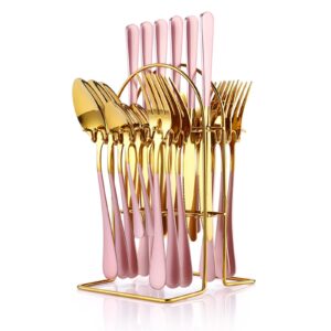 24 Pieces Flatware Set, Caliamary Stainless Steel Flatware Set with Silverware Holder Spoons Forks Knives,Utensils Set Service for 6,Gold Mirror Polished and Matte Pink Painted (Pink)…