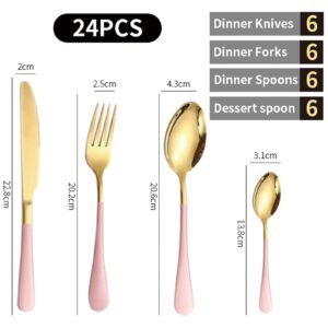 24 Pieces Flatware Set, Caliamary Stainless Steel Flatware Set with Silverware Holder Spoons Forks Knives,Utensils Set Service for 6,Gold Mirror Polished and Matte Pink Painted (Pink)…