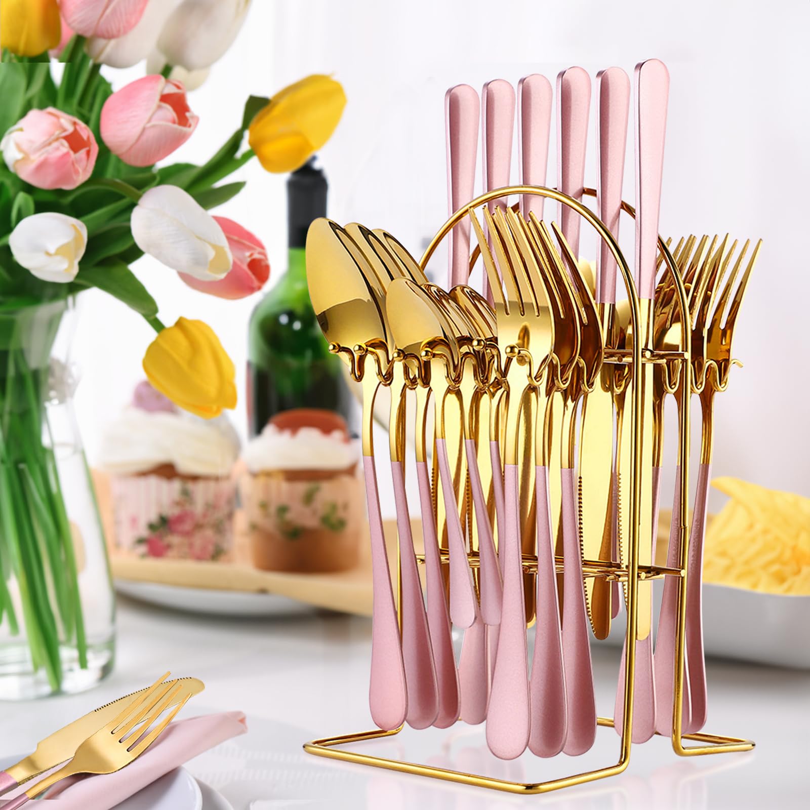 24 Pieces Flatware Set, Caliamary Stainless Steel Flatware Set with Silverware Holder Spoons Forks Knives,Utensils Set Service for 6,Gold Mirror Polished and Matte Pink Painted (Pink)…