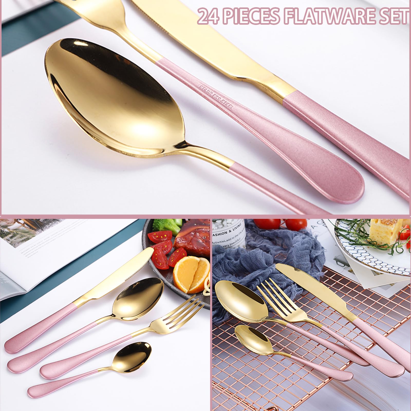 24 Pieces Flatware Set, Caliamary Stainless Steel Flatware Set with Silverware Holder Spoons Forks Knives,Utensils Set Service for 6,Gold Mirror Polished and Matte Pink Painted (Pink)…