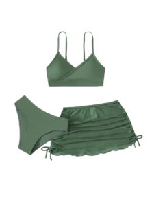 cozyease girls' 3 piece plain swimsuit wrap bikini with ruched cover up skirt set olive green 9y