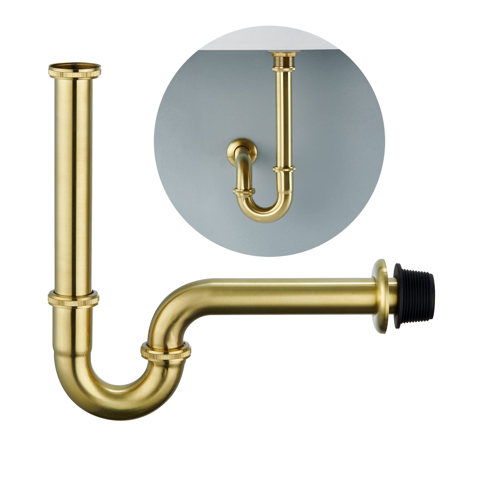 Heixutas Brass P Trap Bathroom Sink : 1 1/4 Sink Trap with Adjustable Height - Brushed Gold Bottle P-Trap with Slip Joint Extension Tube - U-Shape Basin Sink Plumbing/Pipe Replacement Kit