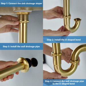 Heixutas Brass P Trap Bathroom Sink : 1 1/4 Sink Trap with Adjustable Height - Brushed Gold Bottle P-Trap with Slip Joint Extension Tube - U-Shape Basin Sink Plumbing/Pipe Replacement Kit