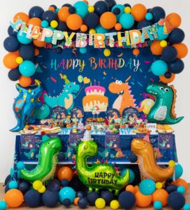 lfvik dinosaur party decorations,blue dinosaur birthday party supplies for boys,customized backdrop,5*dinosaur foil balloons,happy birthday banner,sticker,plates,napkins,tablecloth,cake toppers