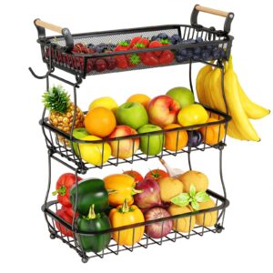 3 tier fruit basket bowl with 2 banana hangers for kitchen counter, vegetable countertop produce storage holder, large capacity metal wire fruits stand organizer for onion potato bread snack, black