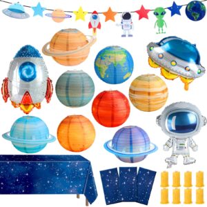 sotiff 24 pcs space party decorations includes planet paper lanterns with led lights plastic space tablecloth space garland astronaut ufo rocket balloon for space solar system theme parties birthday