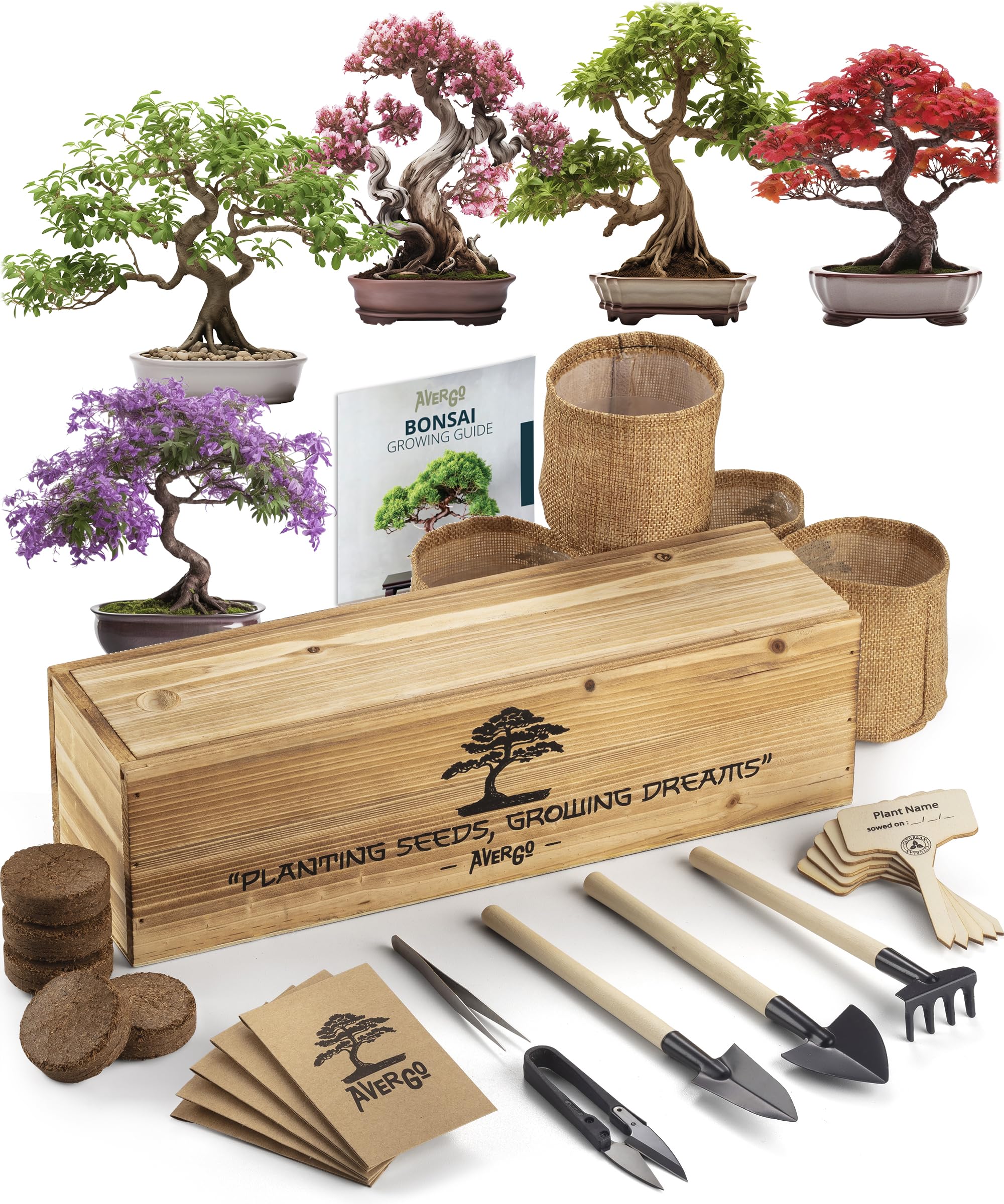 AVERGO Bonsai Tree Kit – 5X Unique Japanese Bonzai Trees | Complete Indoor Bonsai Starter Kit for Growing Bonsai Plants with Tools & Planters – Gardening Gifts for Women & Men