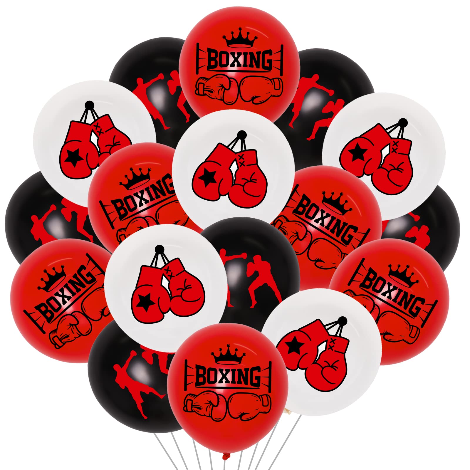 JOYMEMO 40 Pieces 12 Inches Boxing Party Latex Balloons Red Black White - Boxing Match Decorations, Glove Boxer Printed Balloon for Boxing Sport Wrestle Fitness Theme Birthday Party Supplies