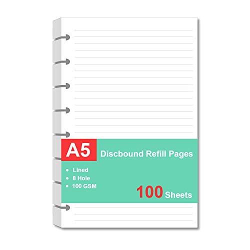 Junior Size Refills Paper, A5 Loose Leaf Paper for TUL Custom Note-Taking System Discbound Notebook Planner Inserts, White, Total 100 Sheets/200 Pages, College Ruled, 5.5 X 8.5 Inch