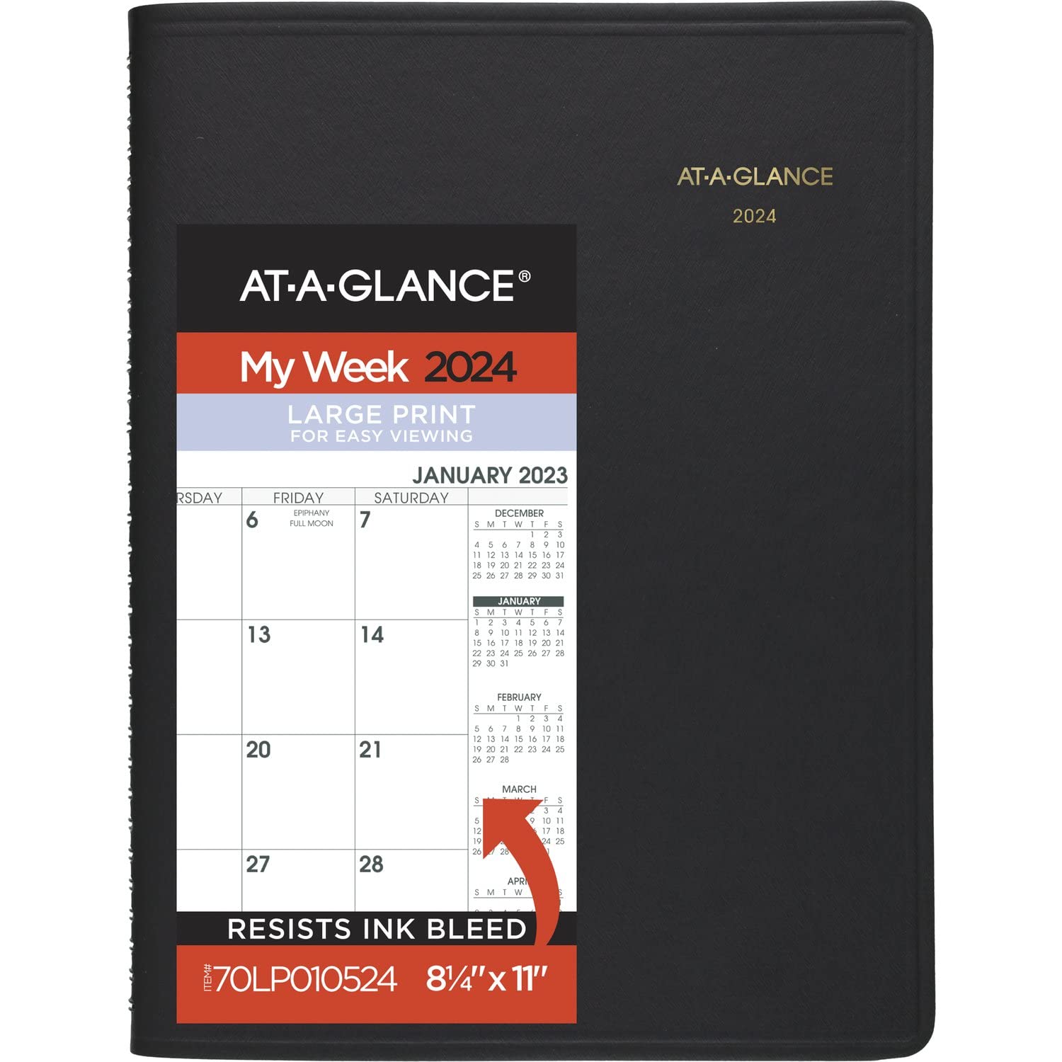 AT-A-GLANCE 2024 Weekly Appointment Book Planner, 8-1/4" x 11", Large, Large Print, Black (70LP010524)