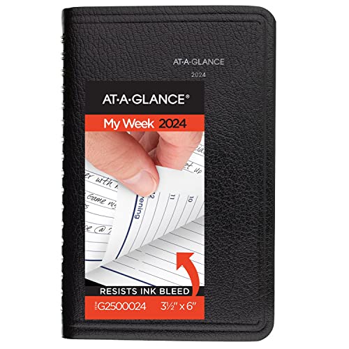 AT-A-GLANCE 2024 Weekly Planner, DayMinder, Hourly Appointment Book, 3-1/2 x 6", Pocket Size, Tabbed Telephone/Address Pages, Texture Cover, Black (G2500024)