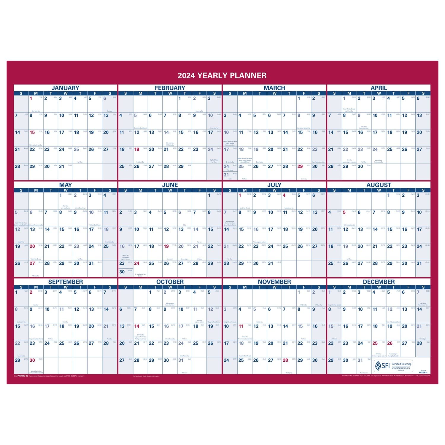 AT-A-GLANCE 2024 Erasable Calendar, Dry Erase Wall Planner, 12" x 16", Small, Vertical/Horizontal, Reversible, Compact (PM330B2824)