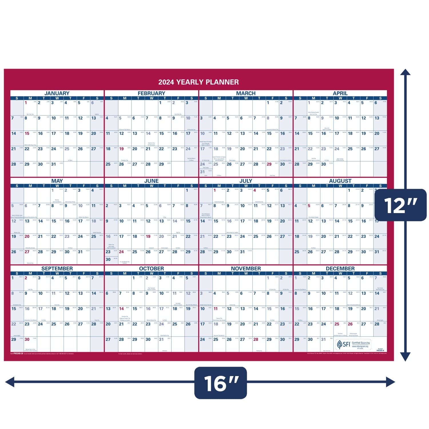 AT-A-GLANCE 2024 Erasable Calendar, Dry Erase Wall Planner, 12" x 16", Small, Vertical/Horizontal, Reversible, Compact (PM330B2824)