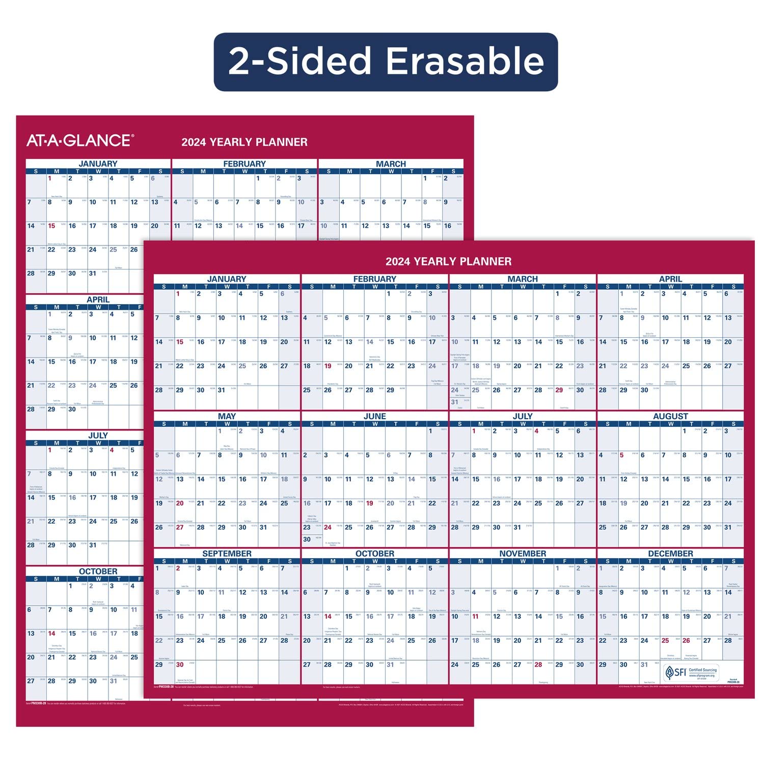 AT-A-GLANCE 2024 Erasable Calendar, Dry Erase Wall Planner, 12" x 16", Small, Vertical/Horizontal, Reversible, Compact (PM330B2824)