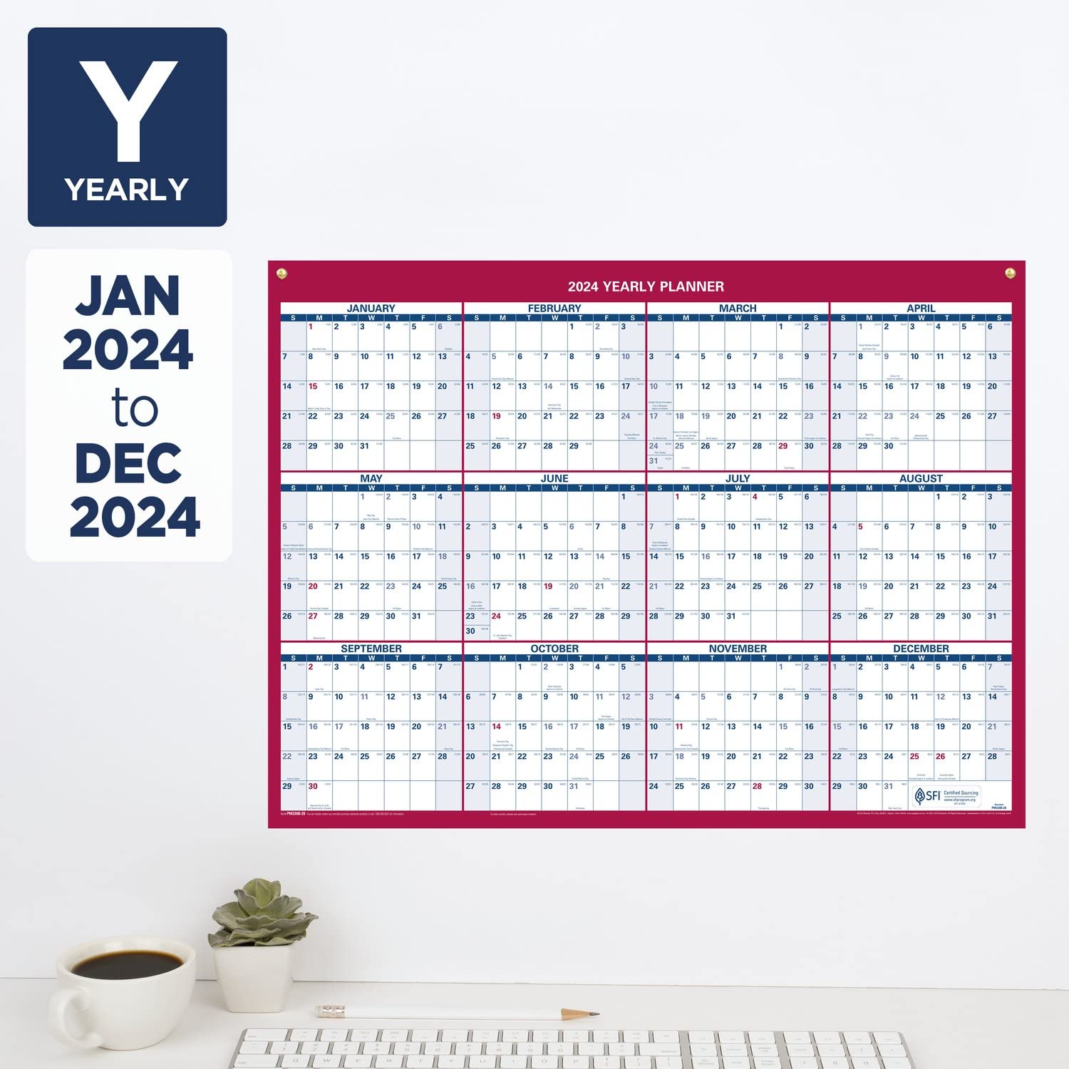 AT-A-GLANCE 2024 Erasable Calendar, Dry Erase Wall Planner, 12" x 16", Small, Vertical/Horizontal, Reversible, Compact (PM330B2824)