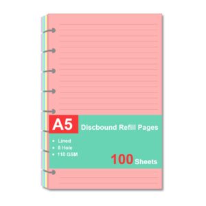 junior size refills paper, a5 loose leaf paper for tul custom note-taking system discbound notebook planner inserts, 5 colors(20 sheets/c), total 100 sheets/200 pages, college ruled, 5.5 x 8.5 inch