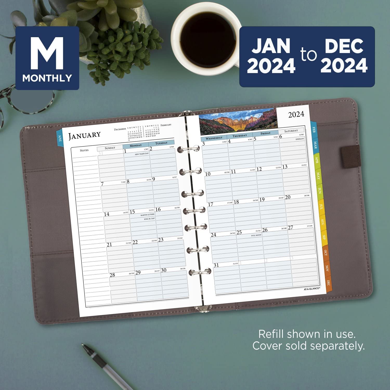 AT-A-GLANCE 2024 Weekly & Monthly Planner Refill, 5-1/2" x 8-1/2", Desk Size, Loose-Leaf, Zenscapes (281-285Y-24)