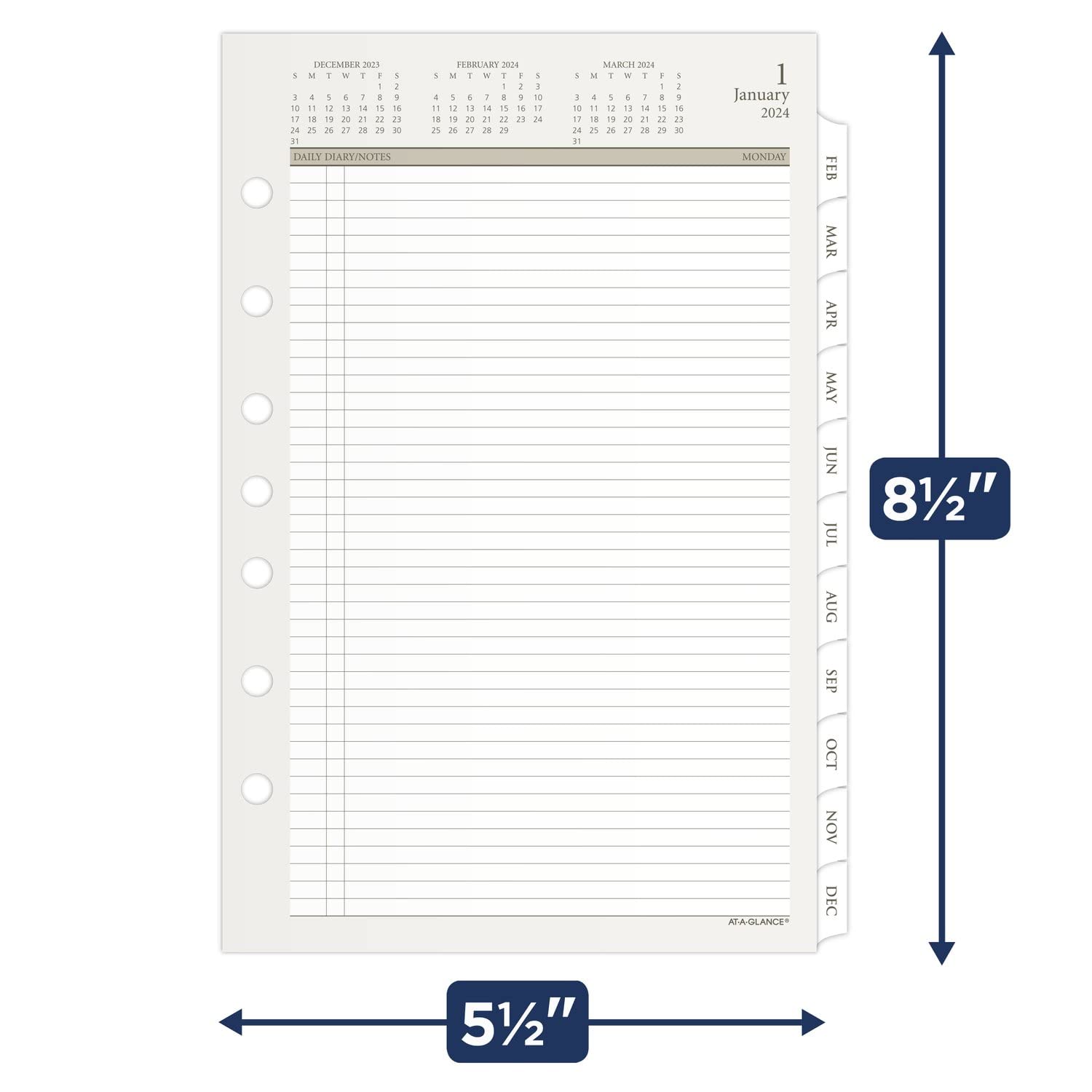 AT-A-GLANCE 2024 Daily Planner Two Page Per Day Refill, 5-1/2" x 8-1/2", Desk Size, Loose-Leaf (481-225-24)