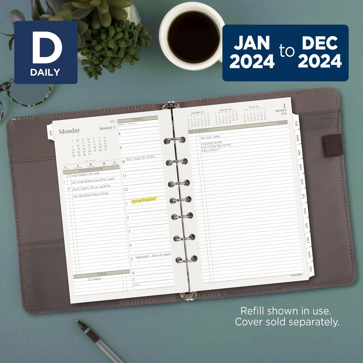 AT-A-GLANCE 2024 Daily Planner Two Page Per Day Refill, 5-1/2" x 8-1/2", Desk Size, Loose-Leaf (481-225-24)