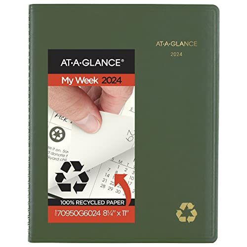 AT-A-GLANCE 2024 Weekly & Monthly Planner, Quarter-Hourly Appointment Book, 8-1/4" x 11", Large, Recycled, Monthly Tabs, Green (70950G6024)