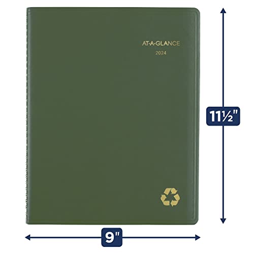 AT-A-GLANCE 2024 Weekly & Monthly Planner, Quarter-Hourly Appointment Book, 8-1/4" x 11", Large, Recycled, Monthly Tabs, Green (70950G6024)