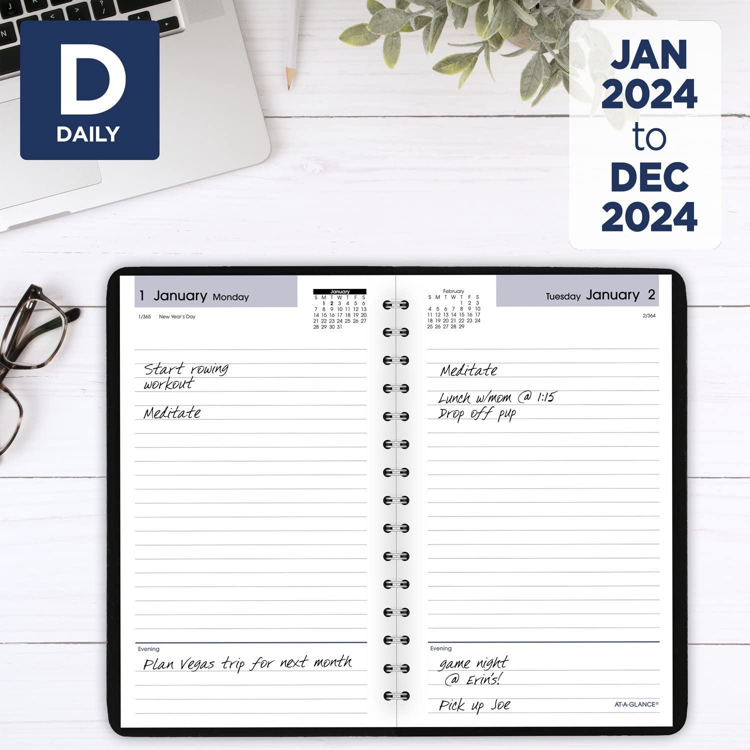 AT-A-GLANCE 2024 Daily Planner, DayMinder, Open Scheduling, 5" x 8", Small, Black (SK460024)