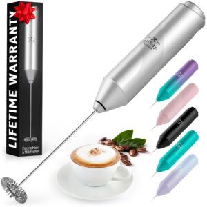 zulay kitchen powerful milk frother wand - mini milk frother handheld stainless steel - battery operated drink mixer for coffee, lattes, cappuccino, matcha - froth mate milk frother gift - silver