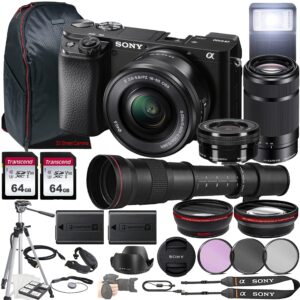 sony a6100 mirrorless camera w/e pz 16-50mm f/3.5-5.6 oss lens + e 55-210mm f/4.5-6.3 oss lens + 420-800mm f/8.3 hd lens + 2x 64gb memory, case, filters, tripod, more (35pc bundle)