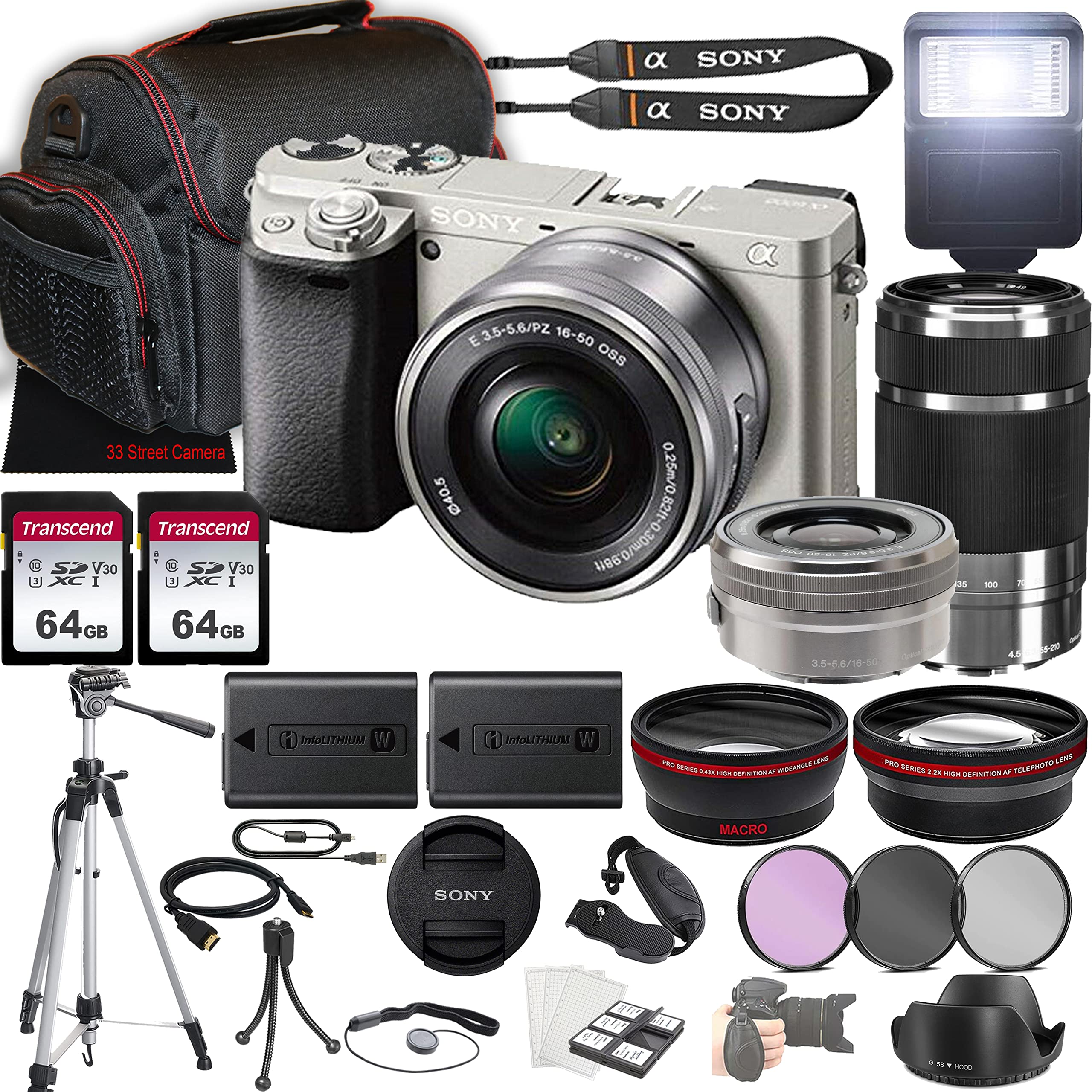 Sony a6400 Mirrorless Camera (Silver) w/E PZ 16-50mm f/3.5-5.6 OSS Lens + E 55-210mm f/4.5-6.3 OSS Lens + 2X 64GB Memory + Case + Filters + Tripod & More (35pc Bundle)