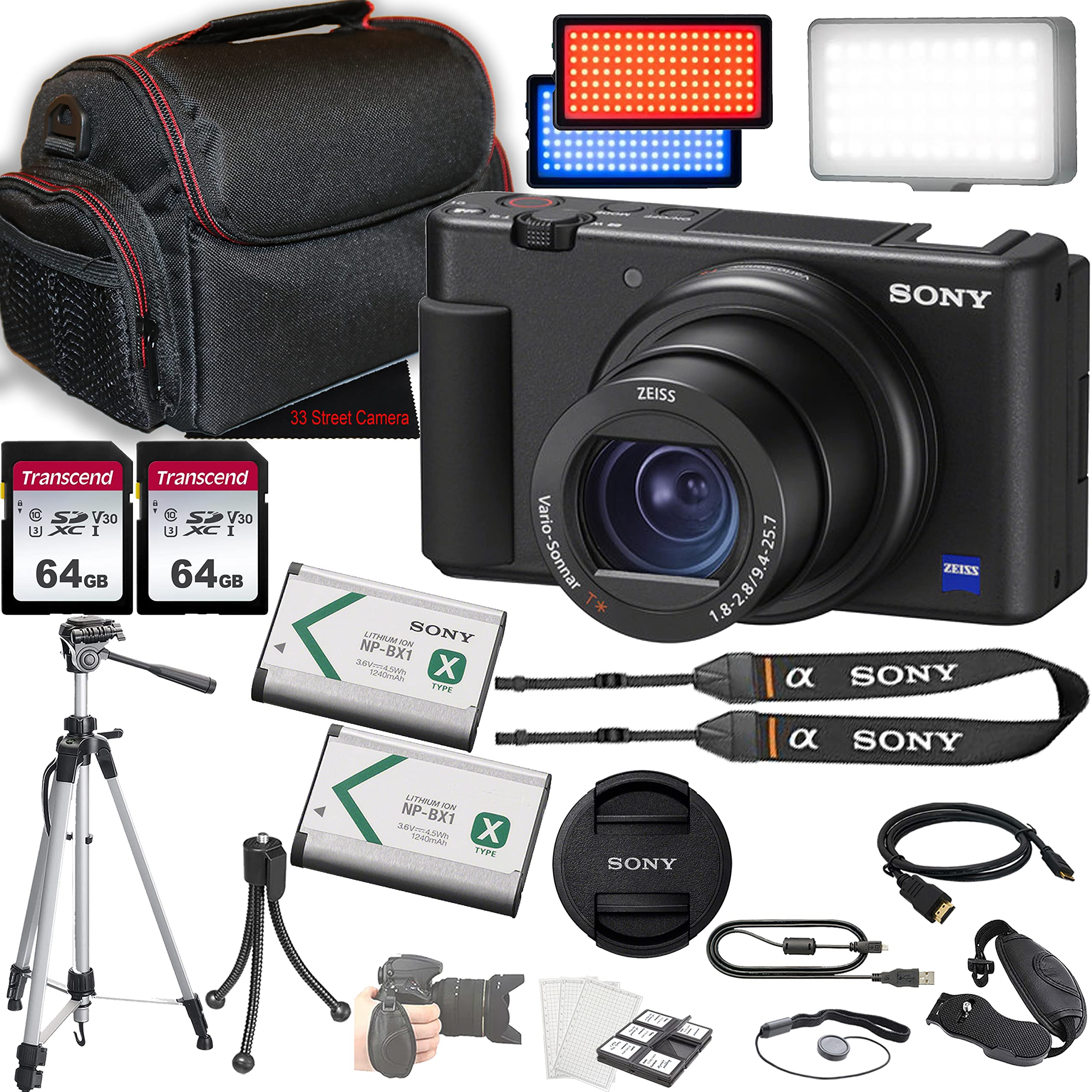 Sony ZV-1 Digital Camera + 2X 64GB Memory + LED Video Light + Case + Filters + Tripod & More (25pc Bundle)