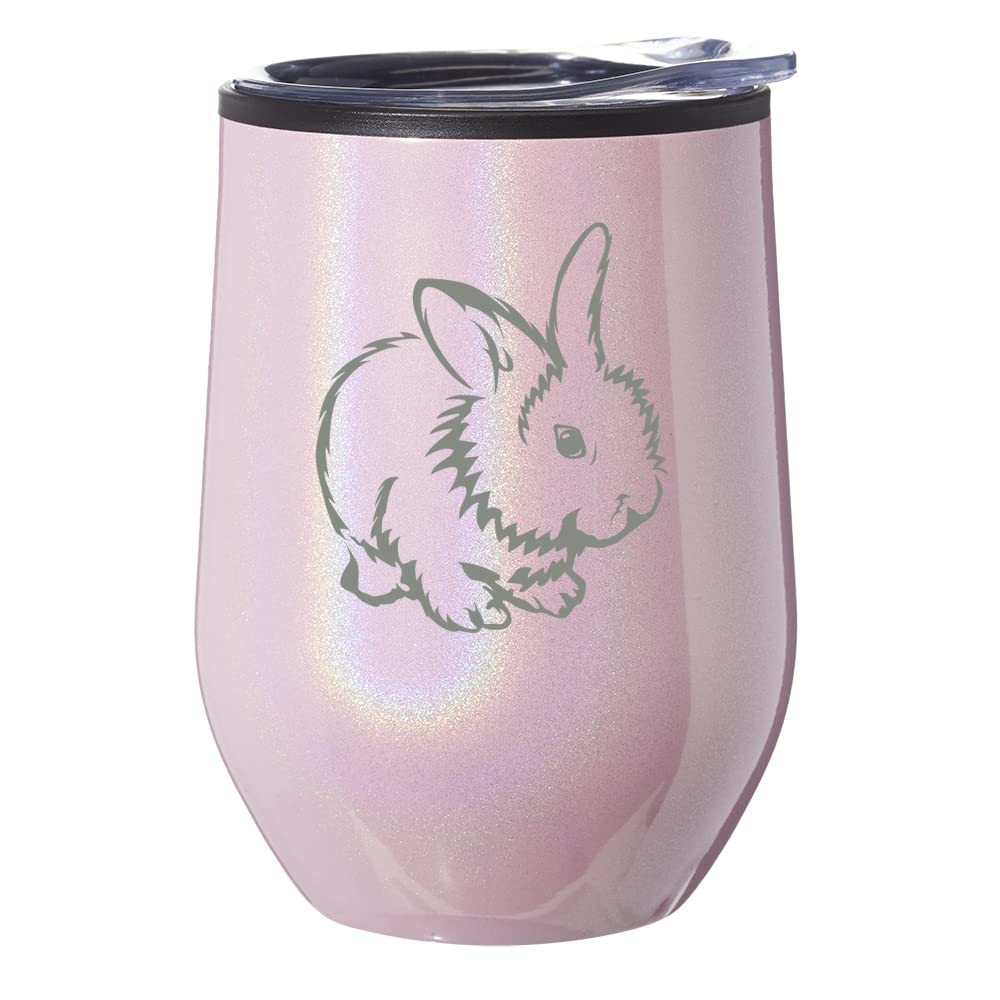 Stemless Wine Tumbler Coffee Travel Mug Glass With Lid Gift Cute Bunny (Pink Glitter)