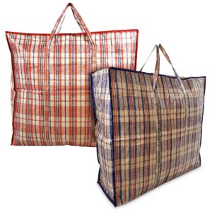 set of two extra large 23 inch x 23 inch x 7 inch plaid storage laundry reusable lightweight organizing bag with zippers and handles