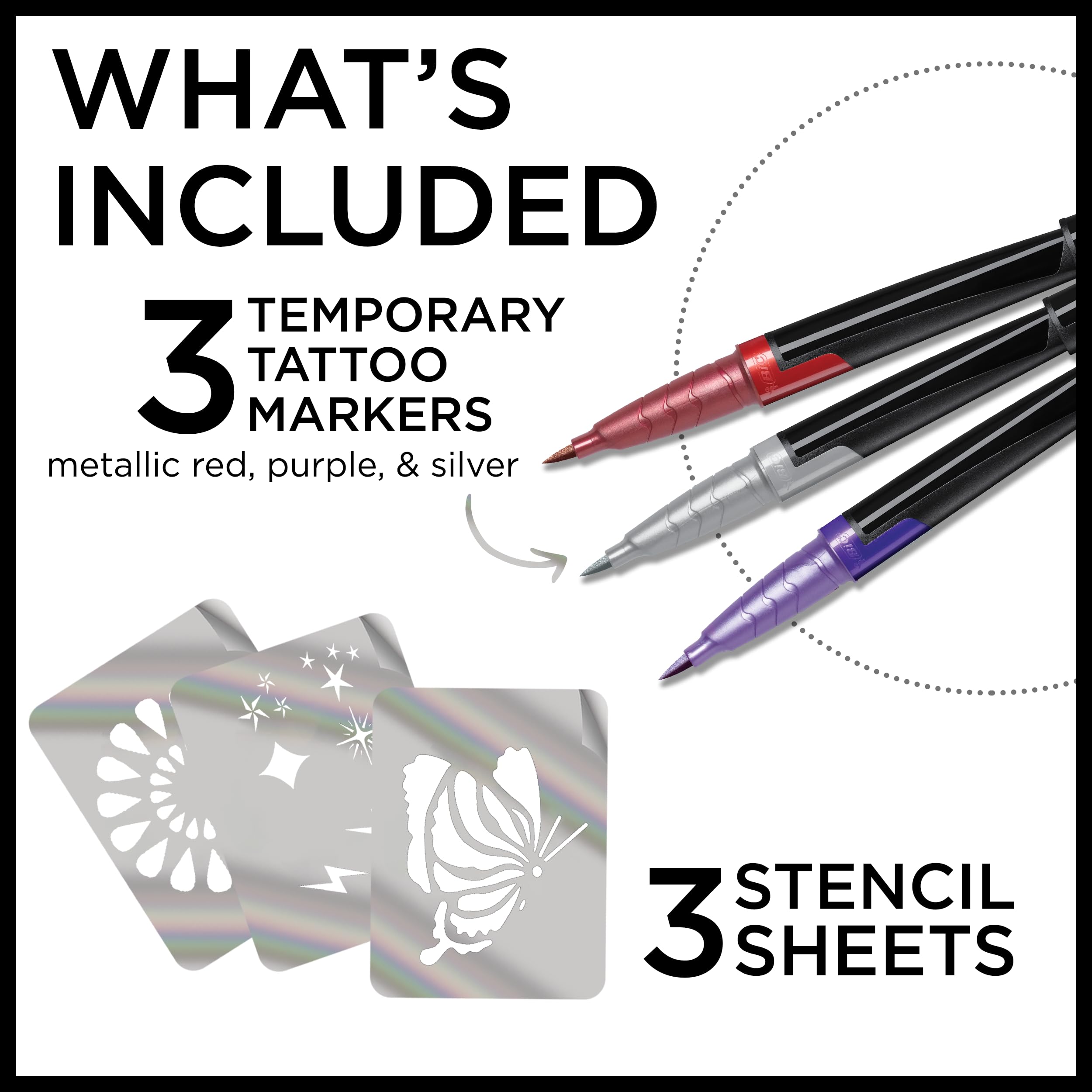 BodyMark Metallic Temporary Tattoo Markers for Skin, Premium Brush Tip, Includes 3 Count of Assorted Markers and Stencils Set, 1 Silver, 1 Metallic Red, 1 Metallic Purple, 3 CT