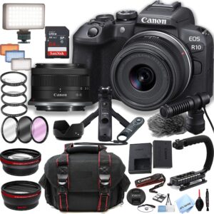 canon eos r10 mirrorless camera with 18-45mm lens content creator kit+ 64gb memory + case + led video light + stabilizing grip +filters & more (38pc bundle)