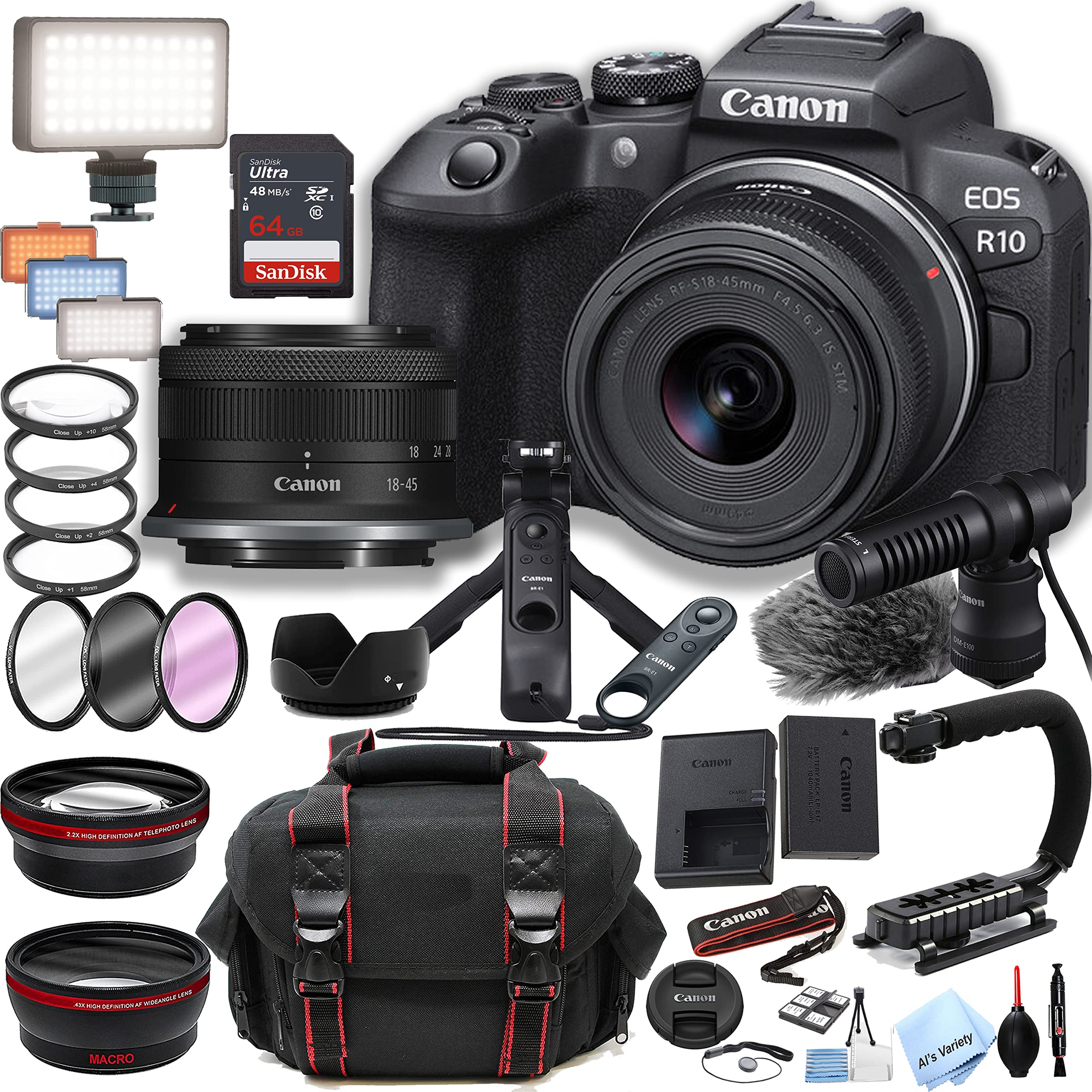 Canon EOS R10 Mirrorless Camera with 18-45mm Lens Content Creator Kit+ 64GB Memory + Case + LED Video Light + Stabilizing Grip +Filters & More (38pc Bundle)