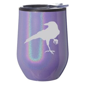 stemless wine tumbler coffee travel mug glass with lid gift crow raven blackbird (purple glitter)