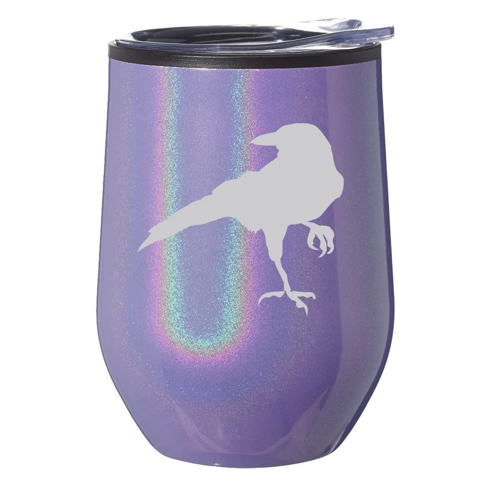 Stemless Wine Tumbler Coffee Travel Mug Glass With Lid Gift Crow Raven Blackbird (Purple Glitter)