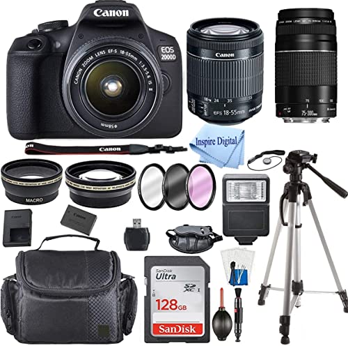 EOS 2000D / Rebel T7 DSLR Camera with EF-S 18-55mm + EF 75-300mm Daul Lens + SanDisk 128GB Memory Card + Tripod + Case + Wideangle Lenses + Inspire Digital Accessory Bundle (21pc Bundle) (Renewed)