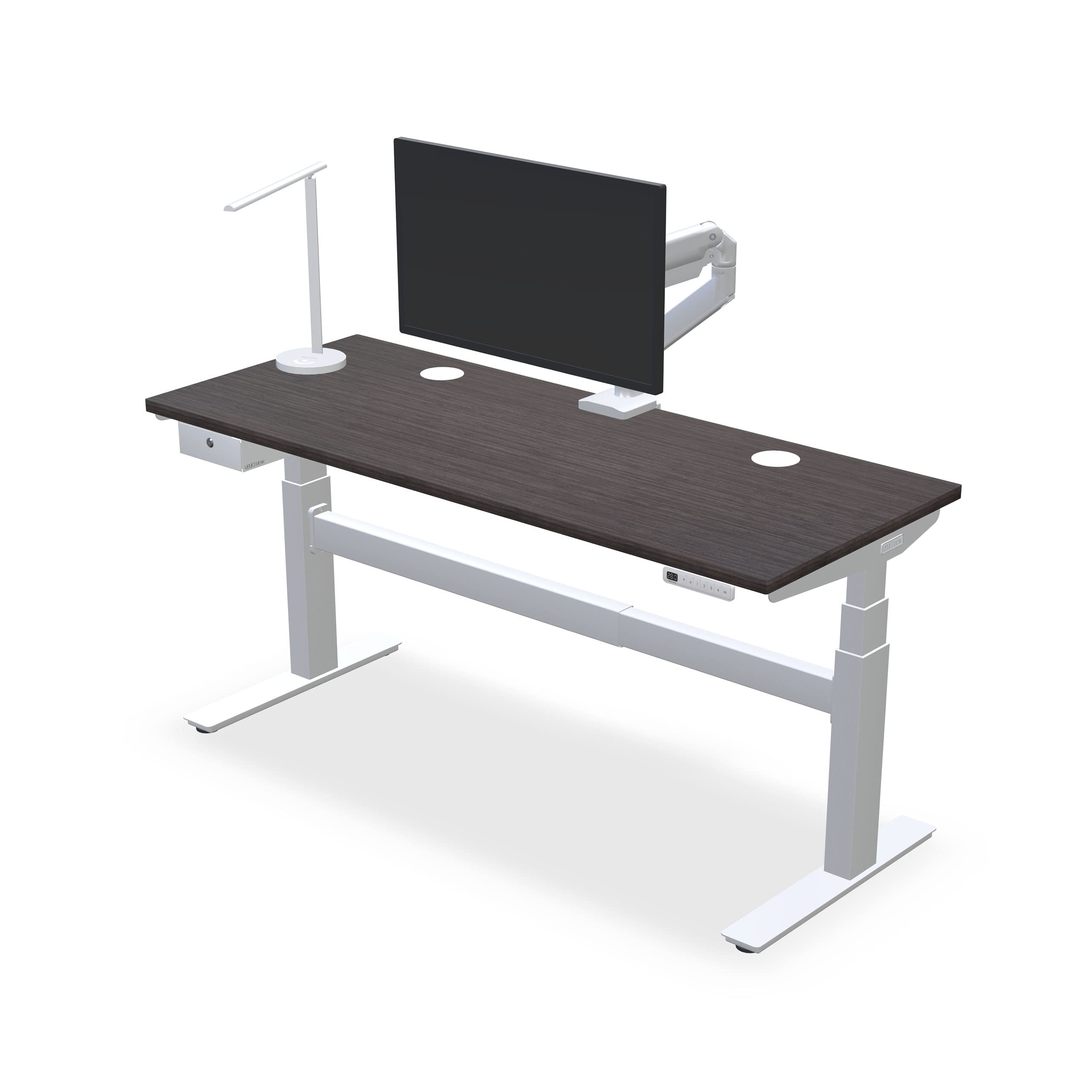 Uplift Desk Ash Gray Laminate (60 x 24 inch) Standing Desk 2-Leg V2-Commercial Adjustable Stand Up C-Frame (Black), Advanced Keypad, Wire Grommets, Wire Tray, Rocker Board