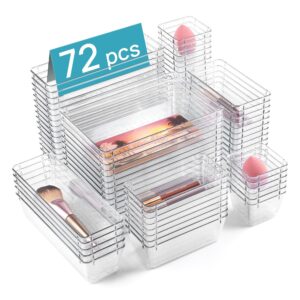 vtopmart 72 pcs clear plastic drawer organizers set, 4-size versatile bathroom and vanity drawer organizer trays, non-slip storage bins for makeup, jewelries, kitchen utensils and office desk