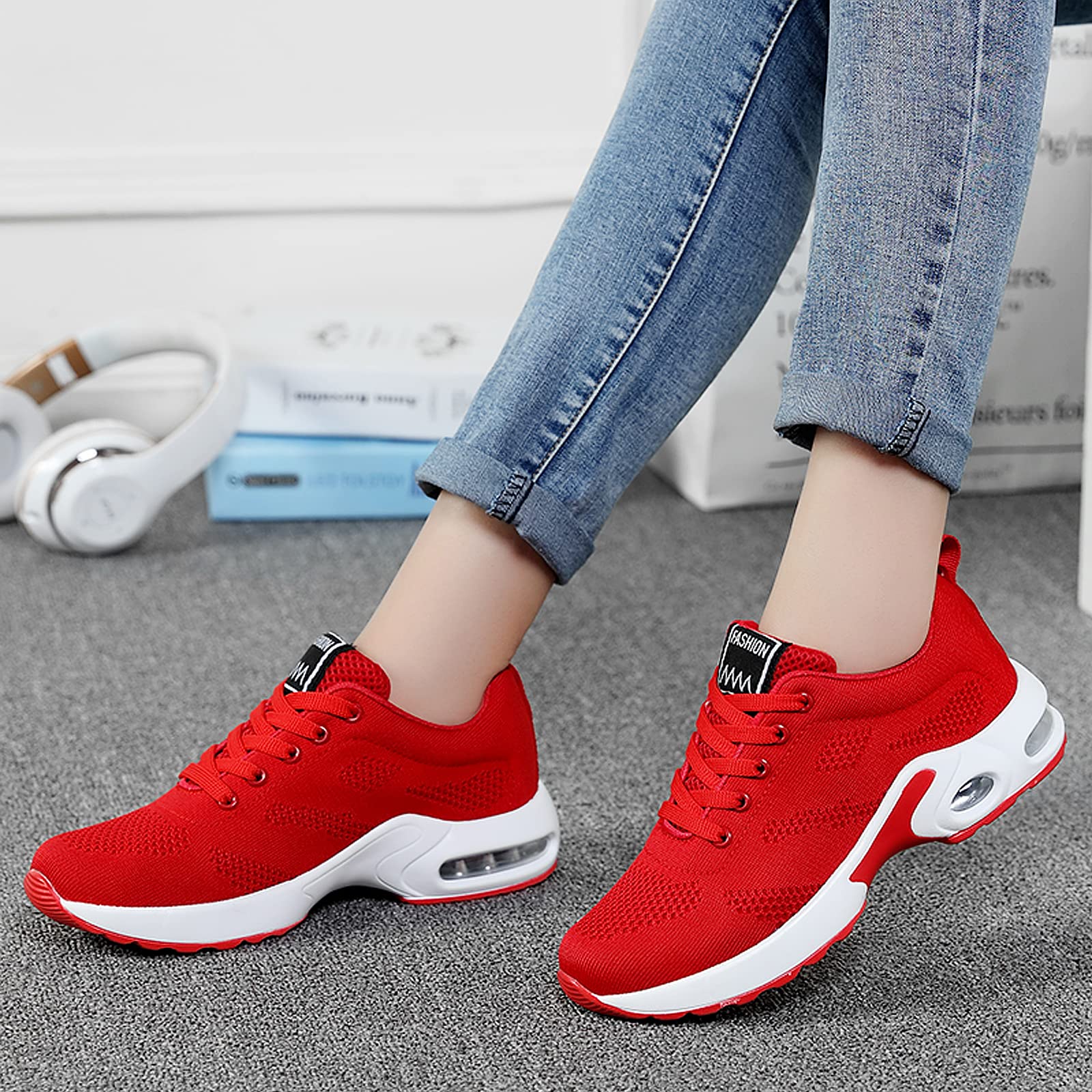 Women's Air Running Shoes Lightweight Comfortable Non-Slip Walking Shoe Outdoor Breathable Fashion Mesh Sneakers (3,Red,Female,Women)