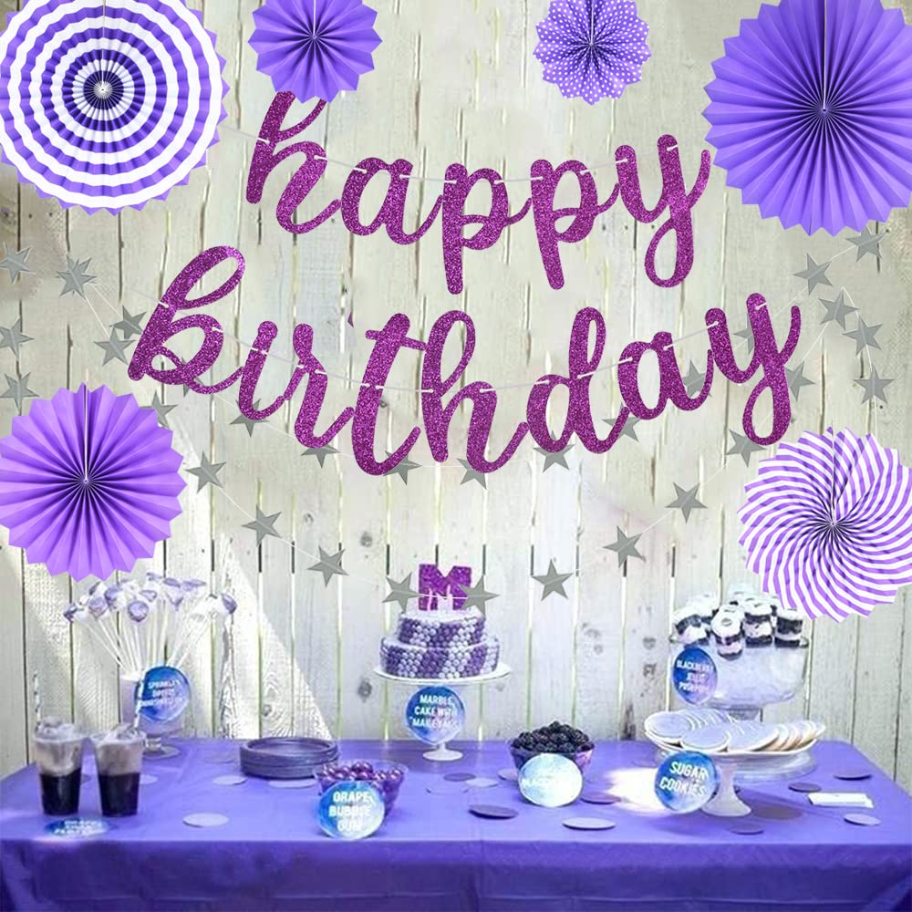 BEISHIDA Purple Happy Birthday Banner - NO DIY - Purple Birthday Party Banner in Script - Pre-Strung - Purple Glitter Birthday Garland Ready to Use Purple Birthday Party Decorations & Decor