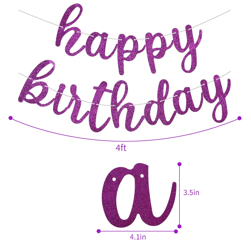 BEISHIDA Purple Happy Birthday Banner - NO DIY - Purple Birthday Party Banner in Script - Pre-Strung - Purple Glitter Birthday Garland Ready to Use Purple Birthday Party Decorations & Decor