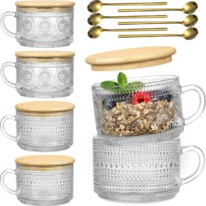 6 pack 14oz vintage glass coffee mugs with bamboo lids and spoons, green embossed drinking glasses for iced coffee, tea, latte - cute coffee bar accessories