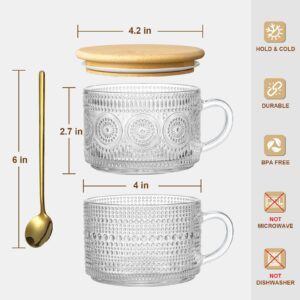 6 Pack 14oz Vintage Glass Coffee Mugs with Bamboo Lids and Spoons, Green Embossed Drinking Glasses for Iced Coffee, Tea, Latte - Cute Coffee Bar Accessories