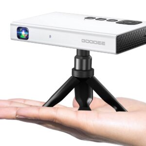 Mini Projector with WiFi and Bluetooth, GooDee Portable Video DLP Projector with Tripod&Bag, Pico 1080P Outdoor Movie Projector, Pocket Rechargeable Battery Short Throw for iPhone/Android/Cookie/Paint